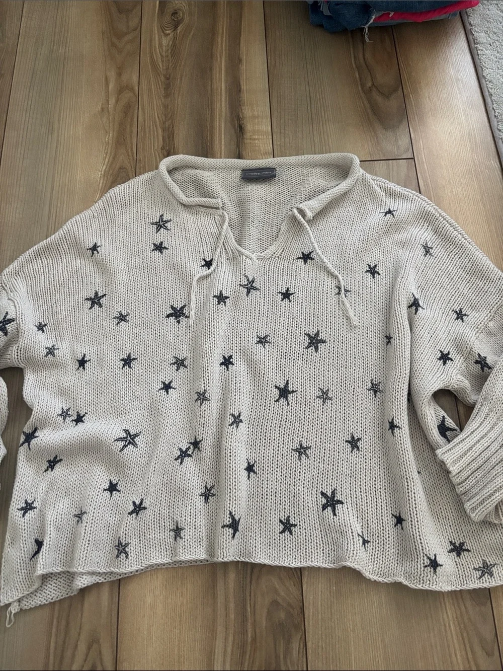 WOODEN SHIPS STARFISH SEA STAR Beach coastal SWEATER Sz MED / LARGE Beige Crop
